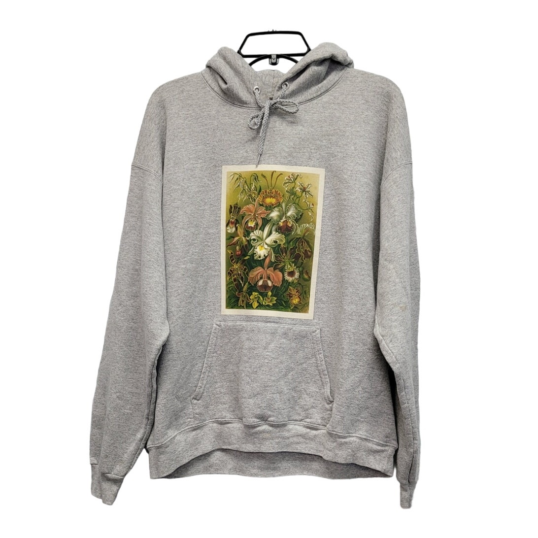 Hand Printed Upcycled Mens Large Vintage Orchid Botanical Flower Hoodie